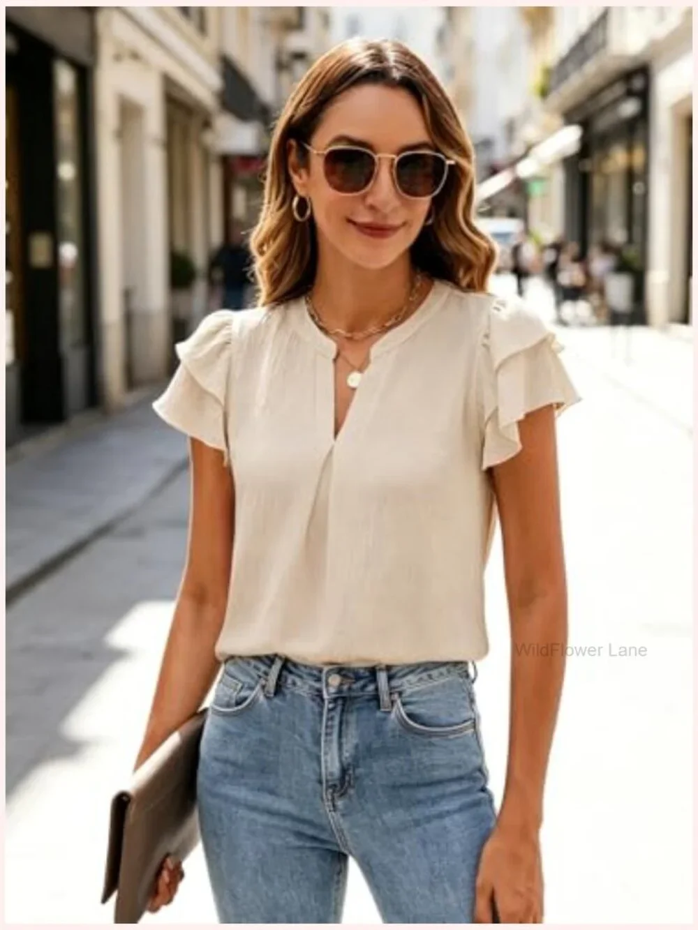 Ruffle Short Sleeve V Neck Tunic Blouse Flowy Business Casual Top Office Shirt - Picture 5 of 7